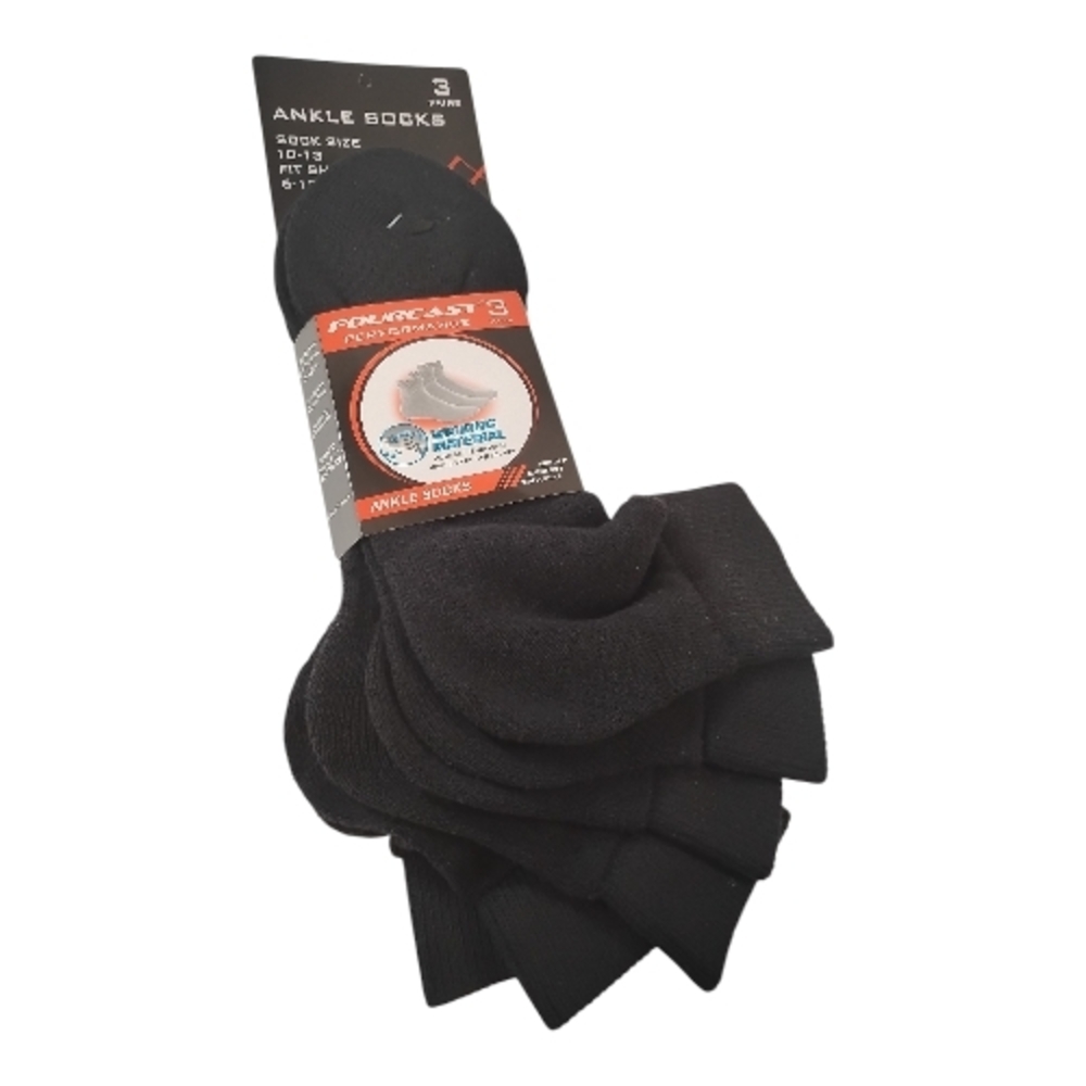 Men's Black Ankle Socks 3 pair size 10-13 wicking soft durable performance bold